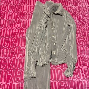 Striped Button-Up Shirt and Pants Set - Black & White